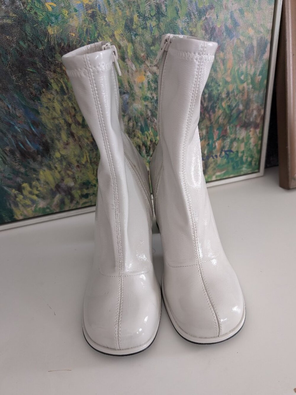 White summer ankle boots. Block heels. Size 7.  Call it spring. Never been worn.